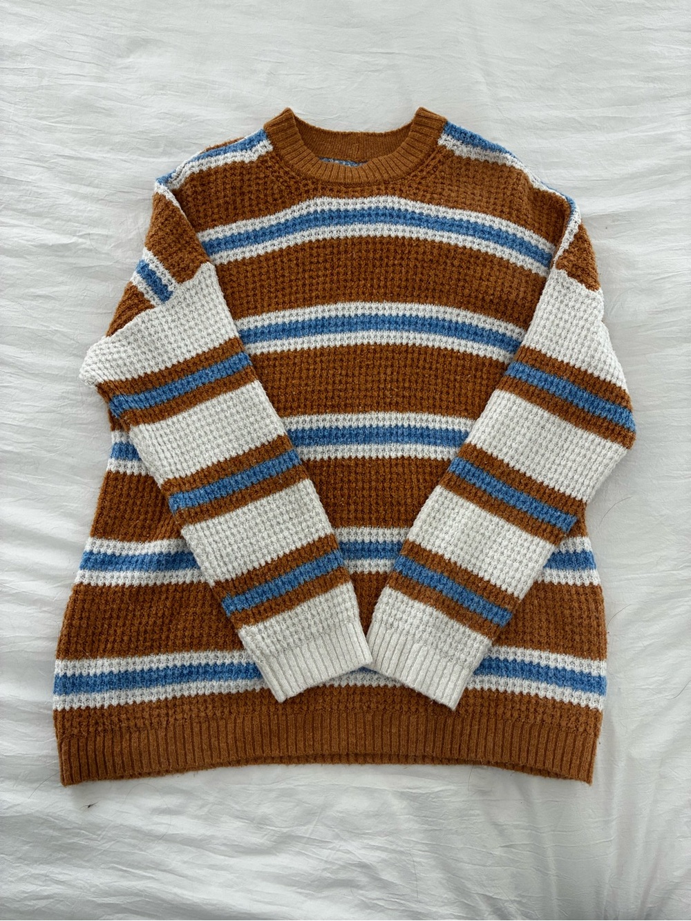 American Eagle Outfitters Brown, White & Blue Striped Waffle Crewneck Sweater
